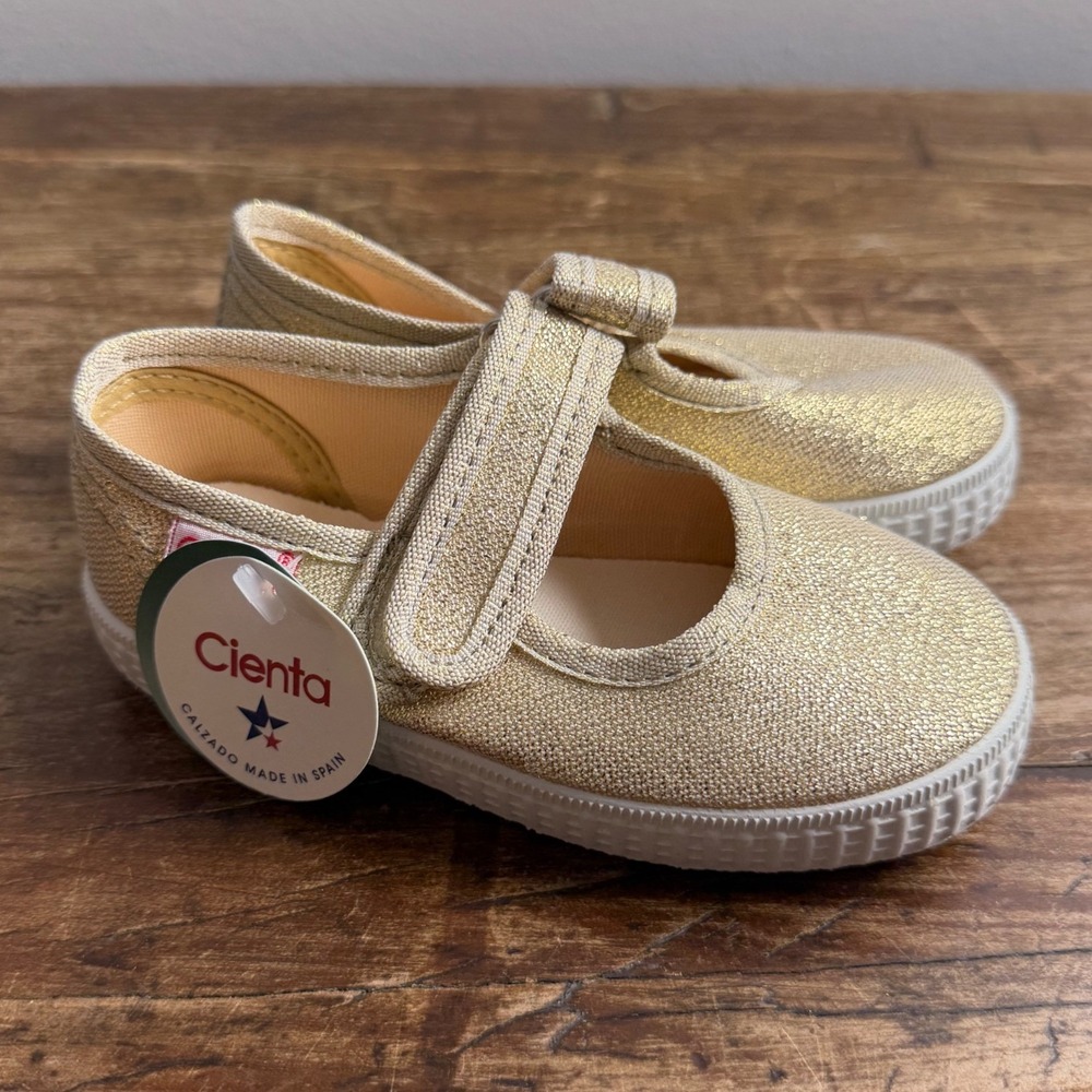 Cienta Gold Lurex Mary Jane Canvas Shoes Size 25 Kids Metallic Sparkle Spain